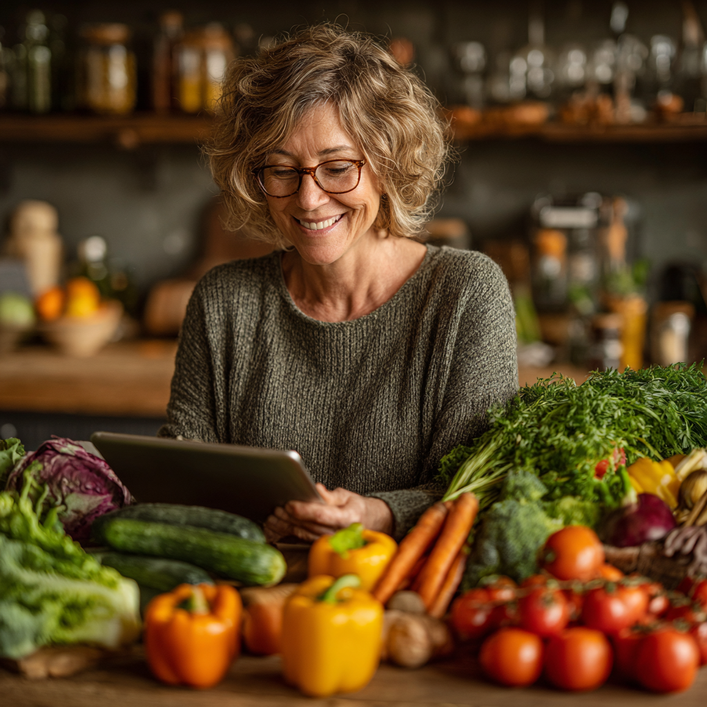 Happy middle-aged woman in her early fifties using a tablet device with healthy food ingredients arranged around her on a kitchen counter, looking satisfied and engaged