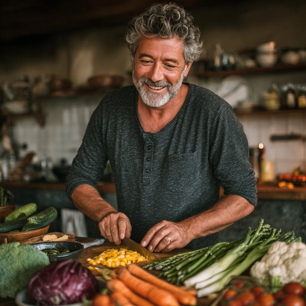 Mature man in his fifties preparing a colorful vegetable meal in his home kitchen, smiling and looking confident while chopping fresh ingredients